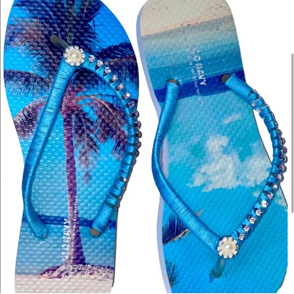Tropical Flip Flops, Rhinestones, Crystals, Beach Wedding, Pool Party Gift Sz 6 - Picture 8 of 16